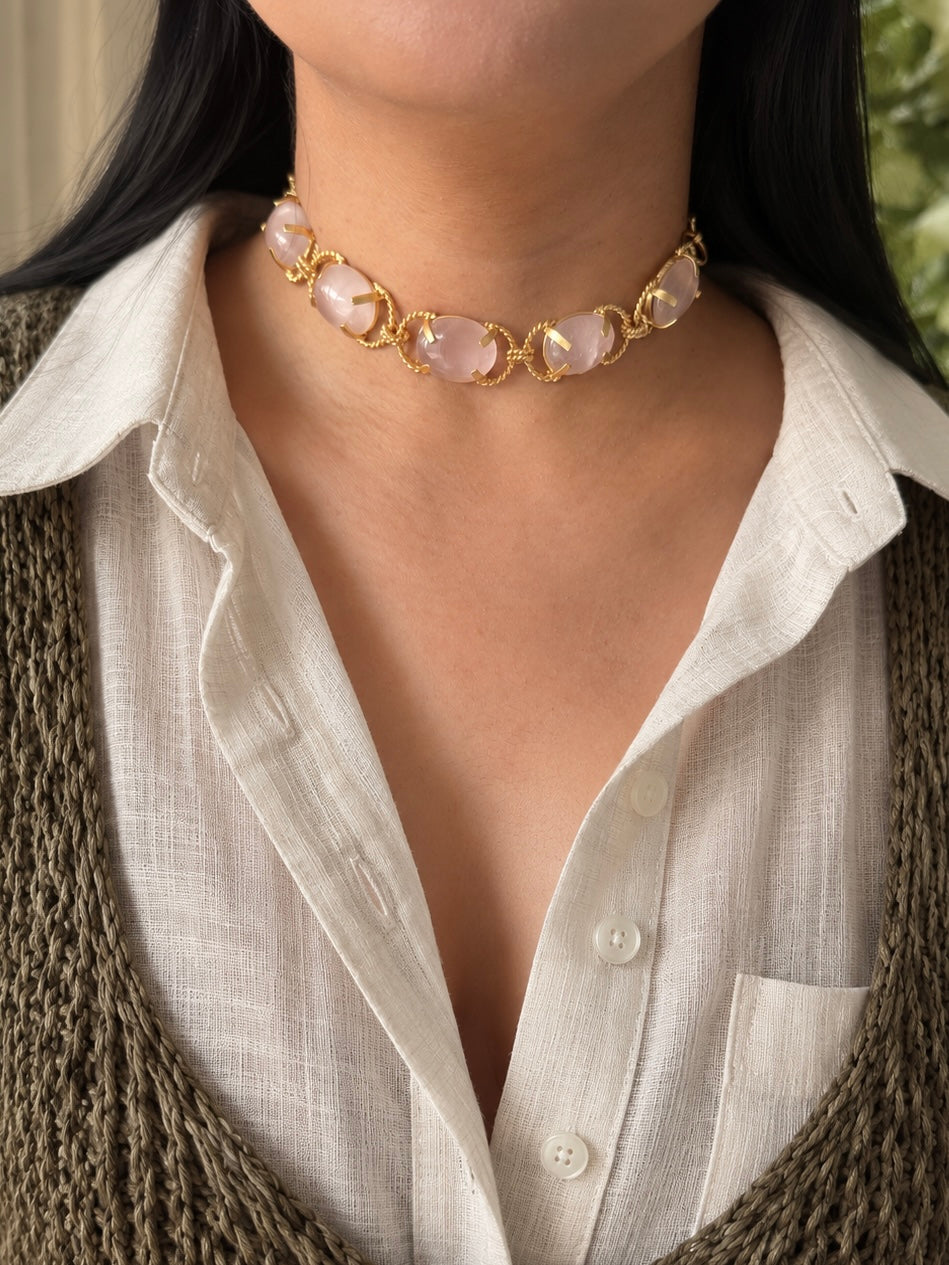 Rose Quartz Choker – Gold Brass, Adjustable Necklace