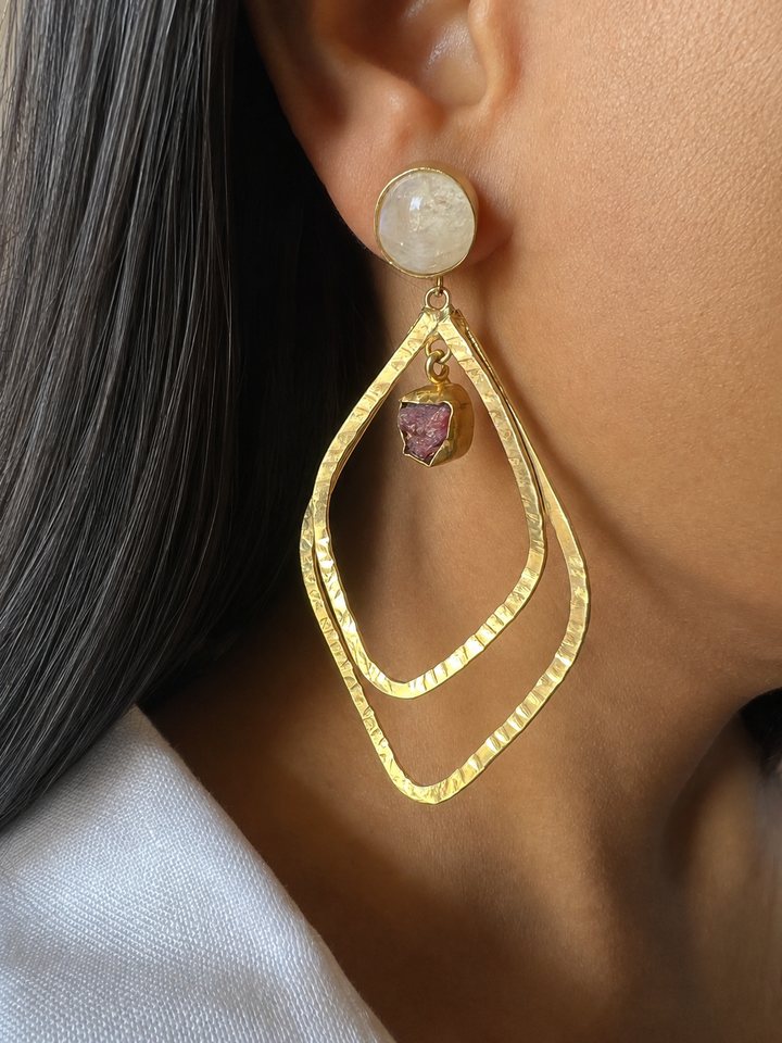 Raw Ruby & Moonstone Hammered Earrings, Textured Gold Plated Brass Double Layer Hoop Earrings