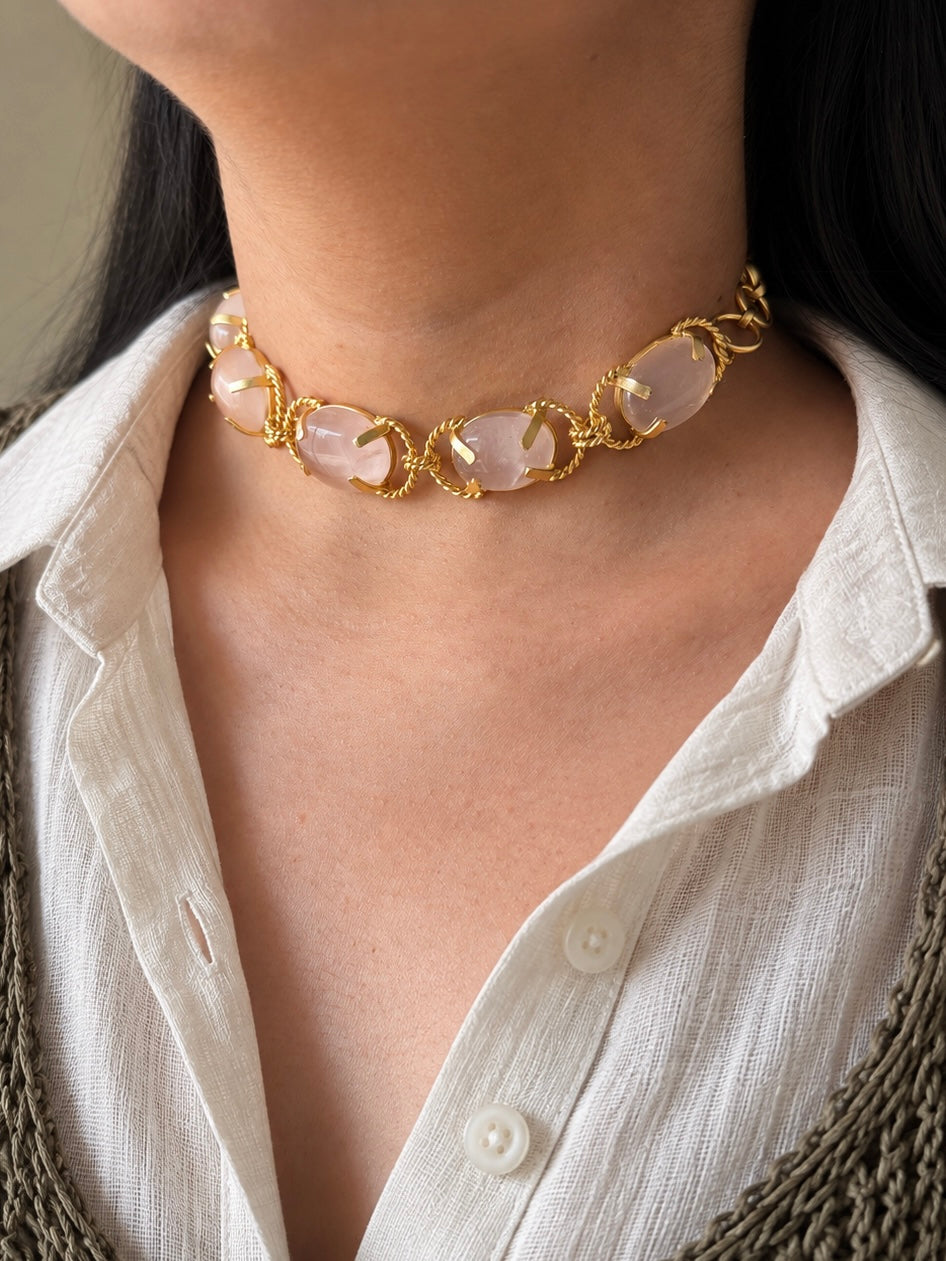 Rose Quartz Choker – Gold Brass, Adjustable Necklace