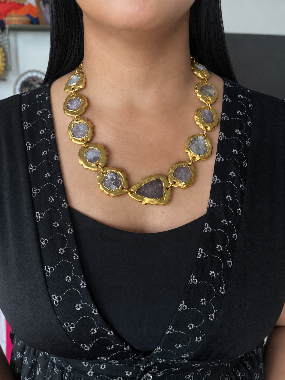 Raw Quartz Gold Collar Necklace, Handmade Chunky Brass Necklace