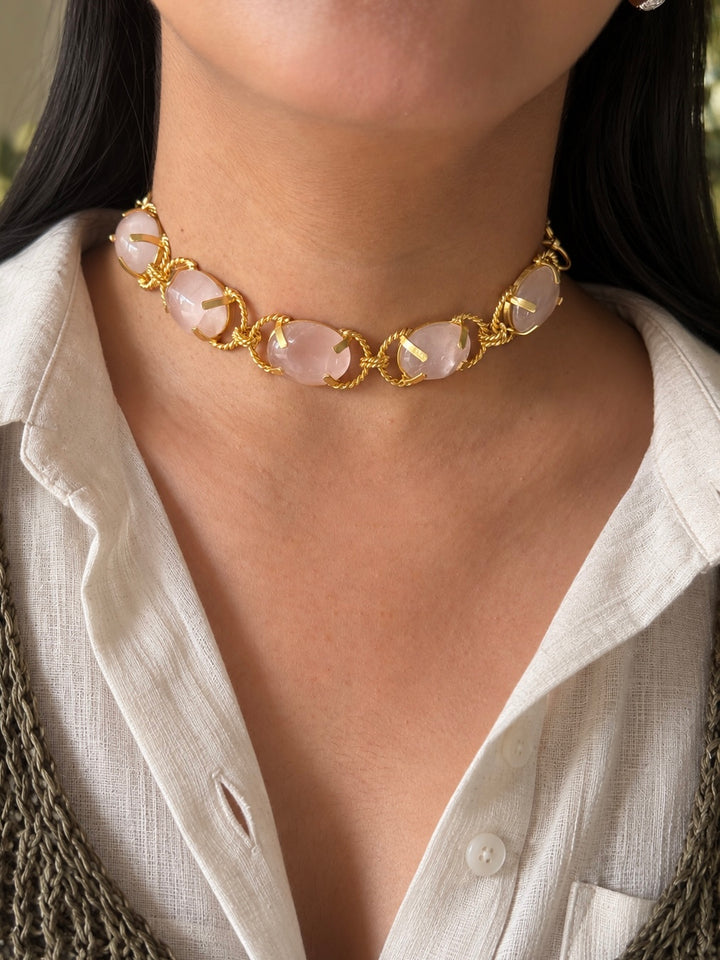 Rose Quartz Choker – Gold Brass, Adjustable Necklace