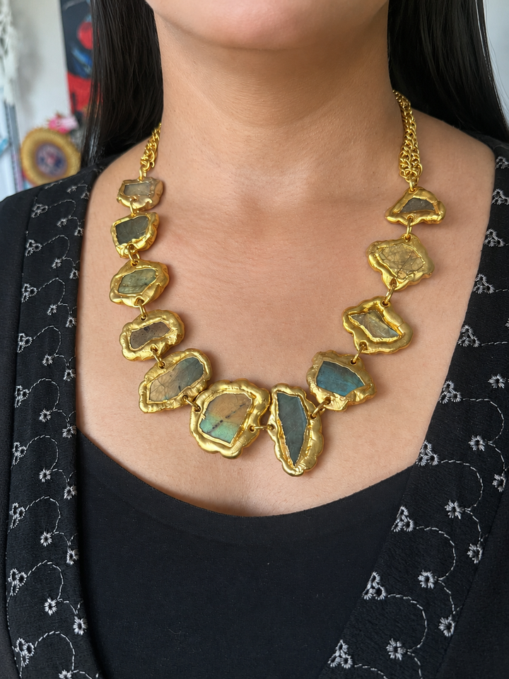 Raw Labradorite Gold Slice Collar Necklace, Handmade Chunky Brass Choker