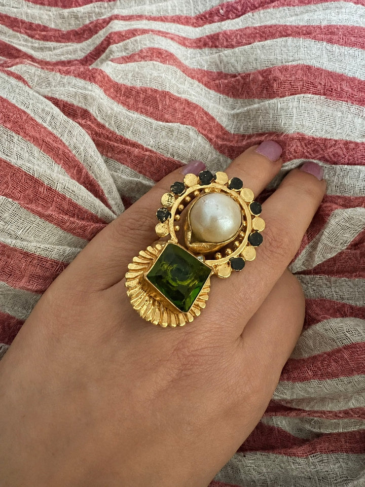 Handcrafted Pearl & Green Quartz Statement Ring
