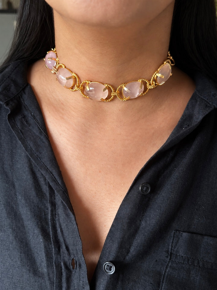Rose Quartz Choker – Gold Brass, Adjustable Necklace