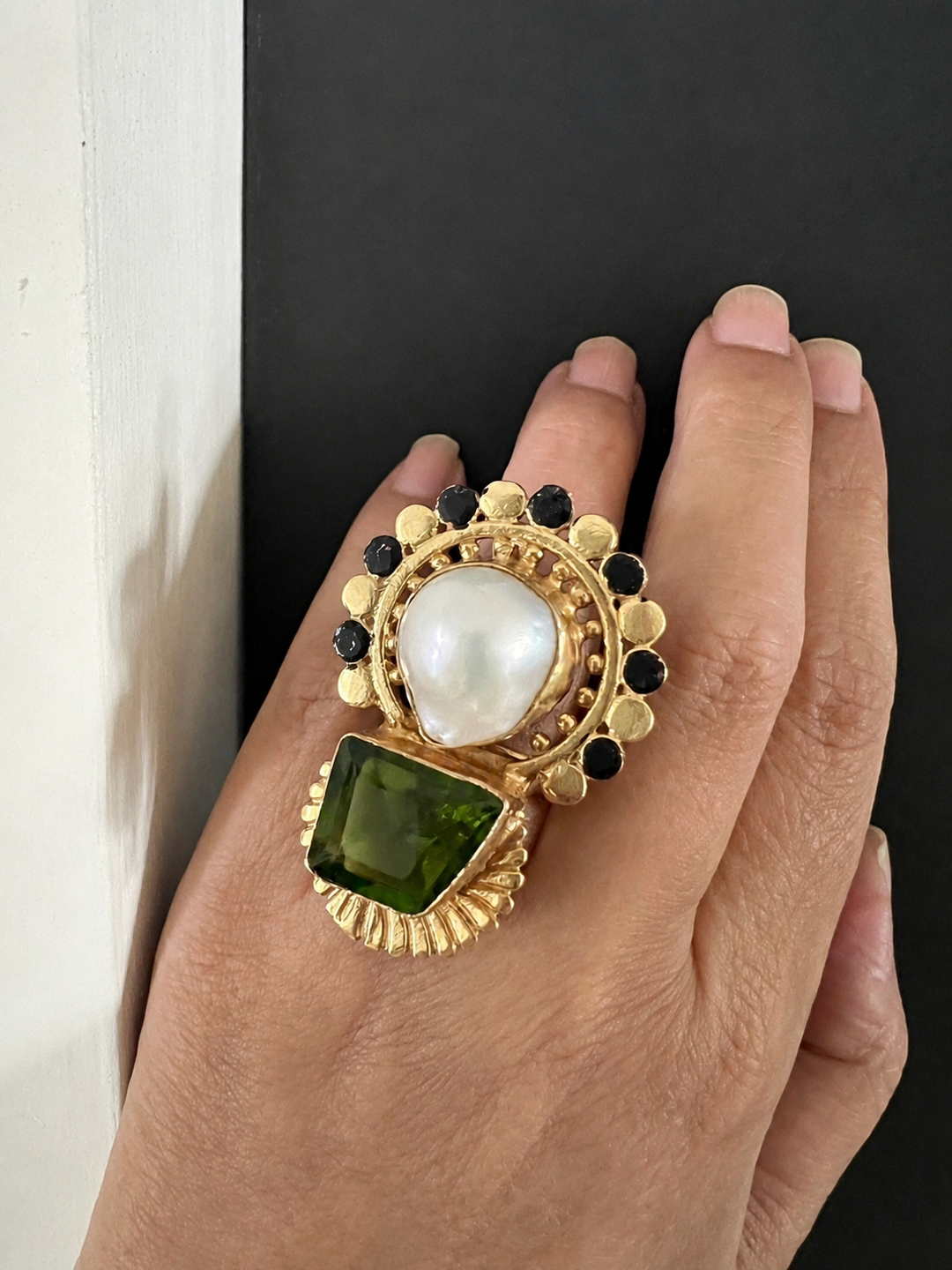 Handcrafted Pearl & Green Quartz Statement Ring