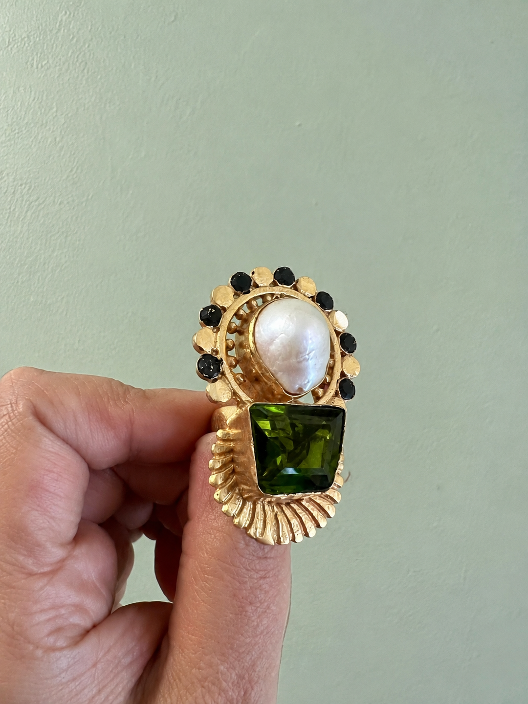 Handcrafted Pearl & Green Quartz Statement Ring