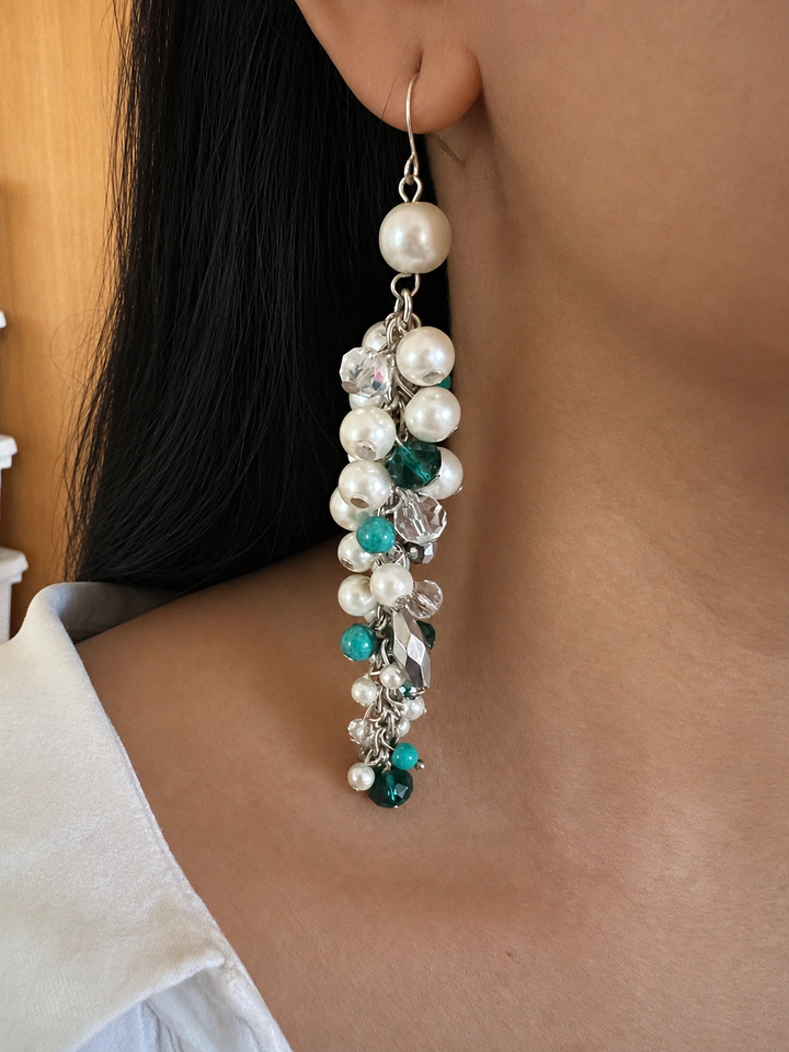Pearl Cluster Dangle Earrings, Green & Turquoise Bead Long Earrings