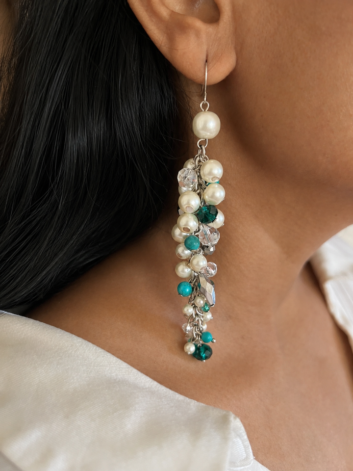 Pearl Cluster Dangle Earrings, Green & Turquoise Bead Long Earrings