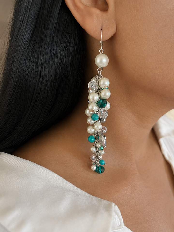 Pearl Cluster Dangle Earrings, Green & Turquoise Bead Long Earrings