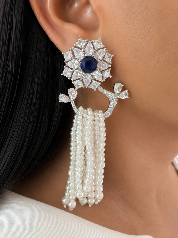CZ Statement Floral Dangle Earrings with Blue Stone, Pearl Tassel Earrings