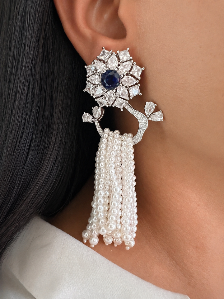CZ Statement Floral Dangle Earrings with Blue Stone, Pearl Tassel Earrings