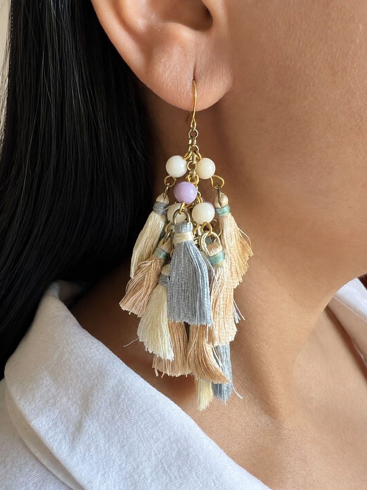 Handcrafted Pastel Tassel Earrings, Boho Thread Fringe Dangles