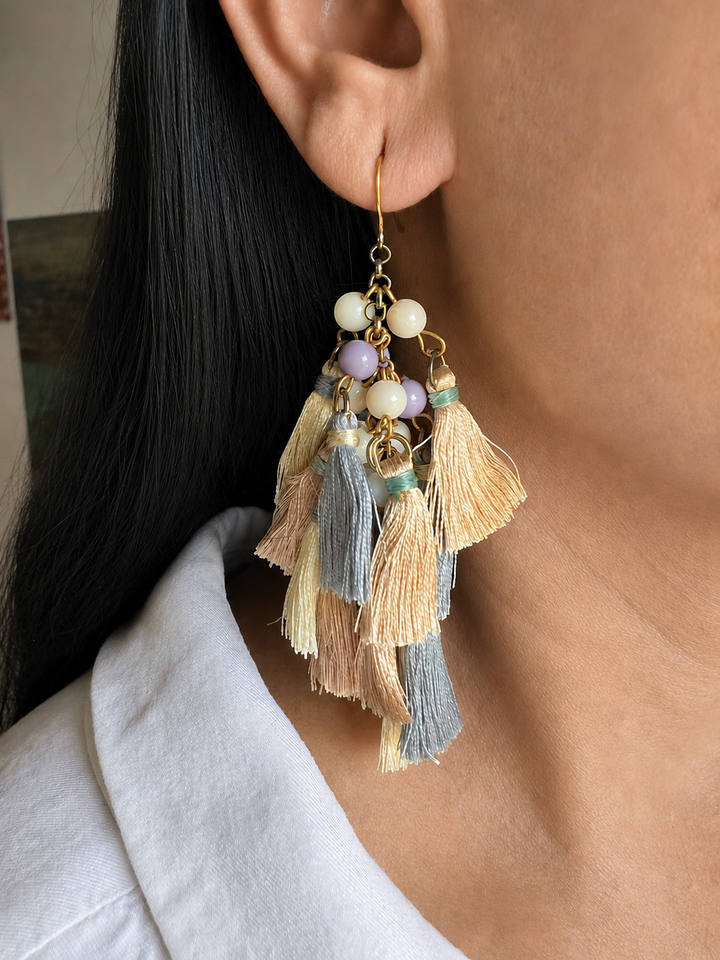 Handcrafted Pastel Tassel Earrings, Boho Thread Fringe Dangles
