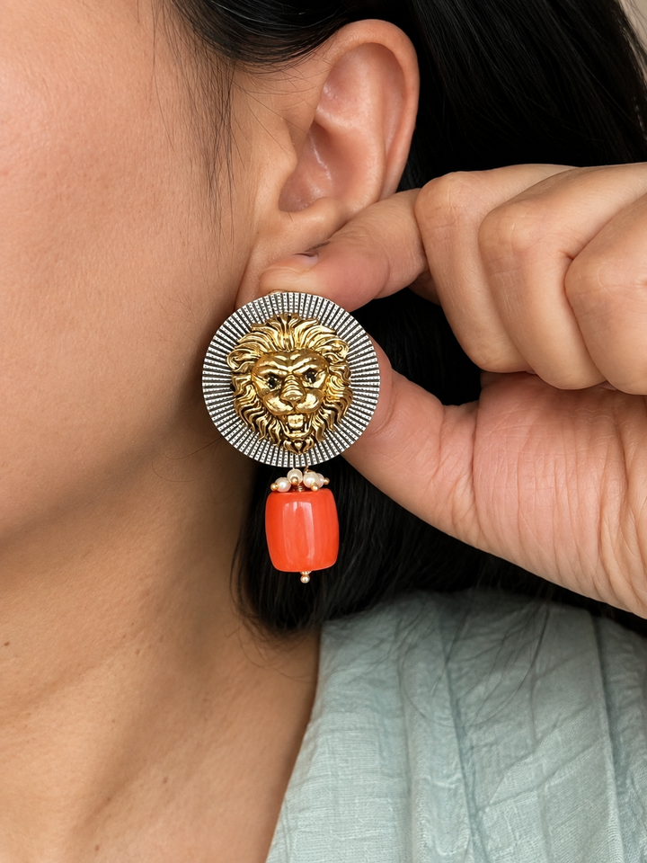Dual Tone Lion Head Stud Earrings with Coral Drop