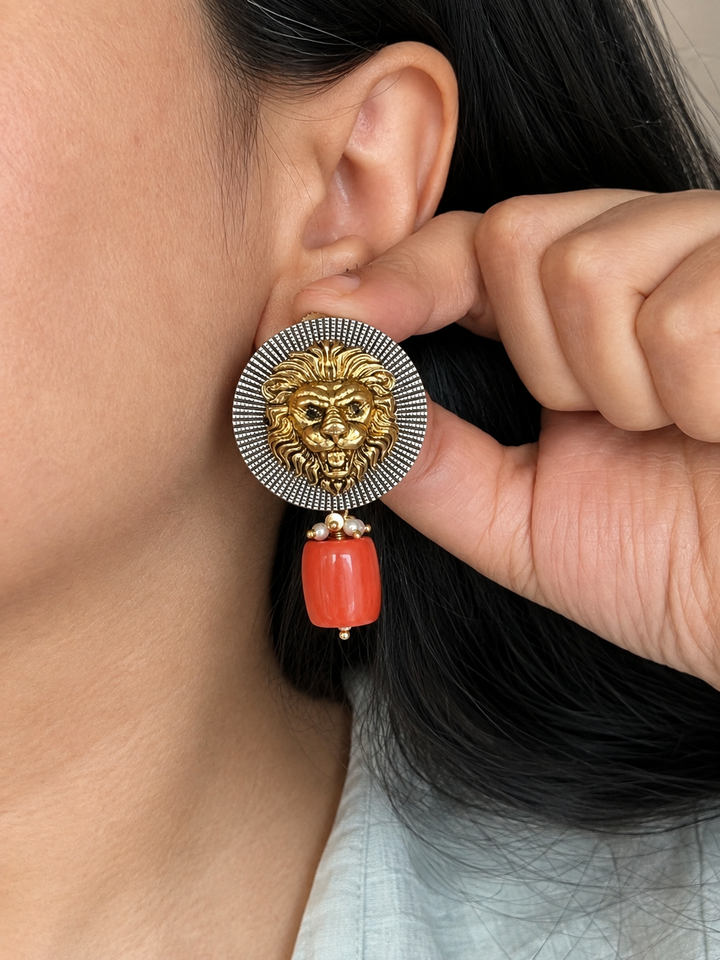 Dual Tone Lion Head Stud Earrings with Coral Drop