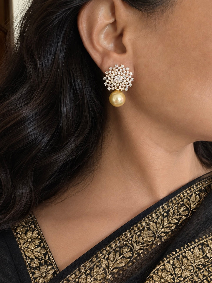 Sparkling CZ Sunburst Stud Earrings with Golden Pearl Drop