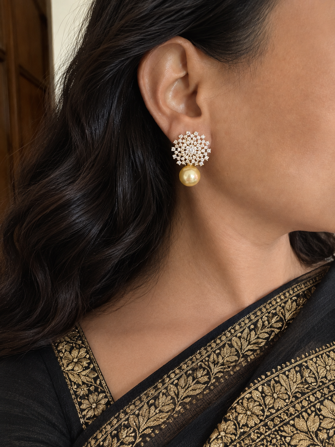Sparkling CZ Sunburst Stud Earrings with Golden Pearl Drop
