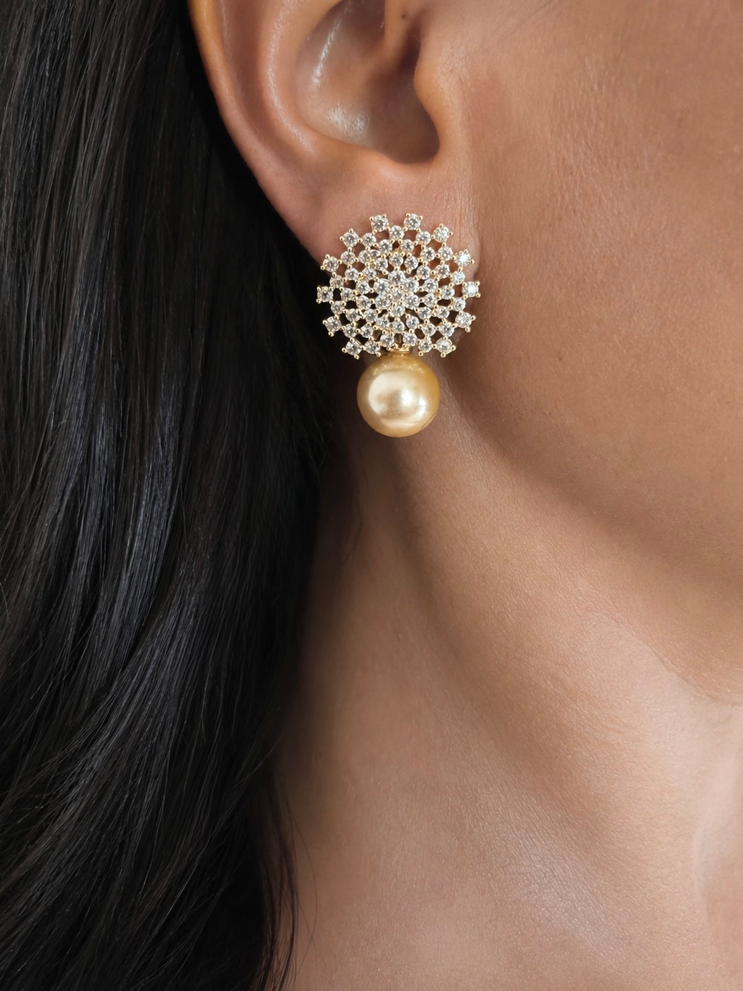Sparkling CZ Sunburst Stud Earrings with Golden Pearl Drop