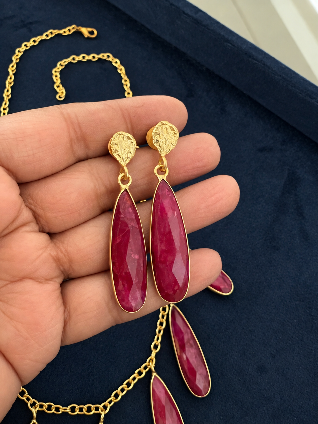 Ruby Quartz Teardrop Necklace & Gold Drop Earrings Set