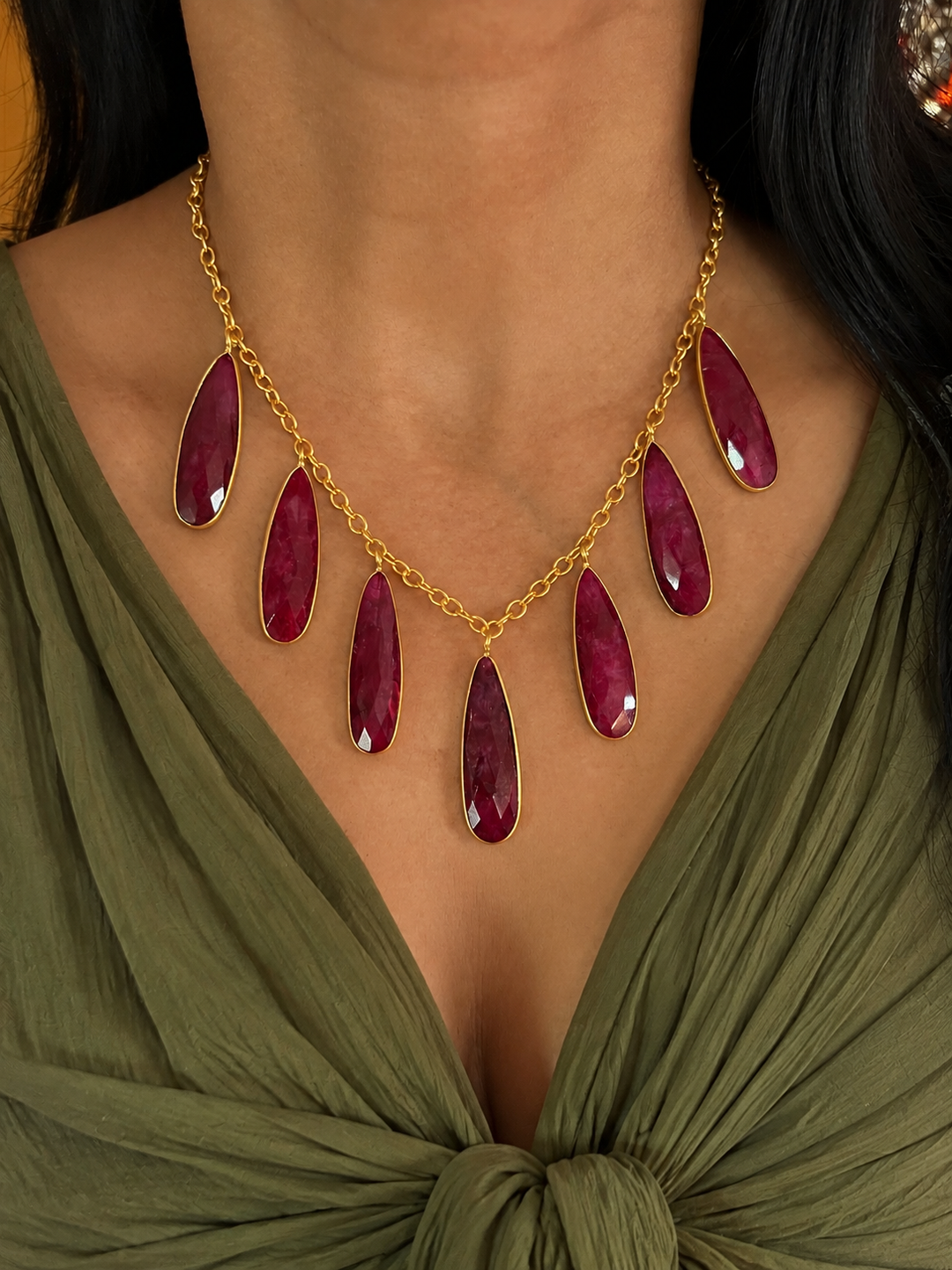 Ruby Quartz Teardrop Necklace & Gold Drop Earrings Set