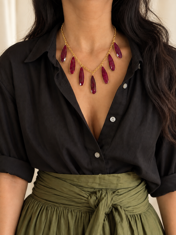 Ruby Quartz Teardrop Necklace & Gold Drop Earrings Set
