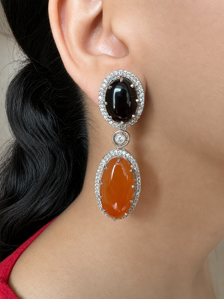 SHIVKA Designer Gemstone Earrings | Carnelian, Onyx & CZ | Silver Polish | Statement Jewelry