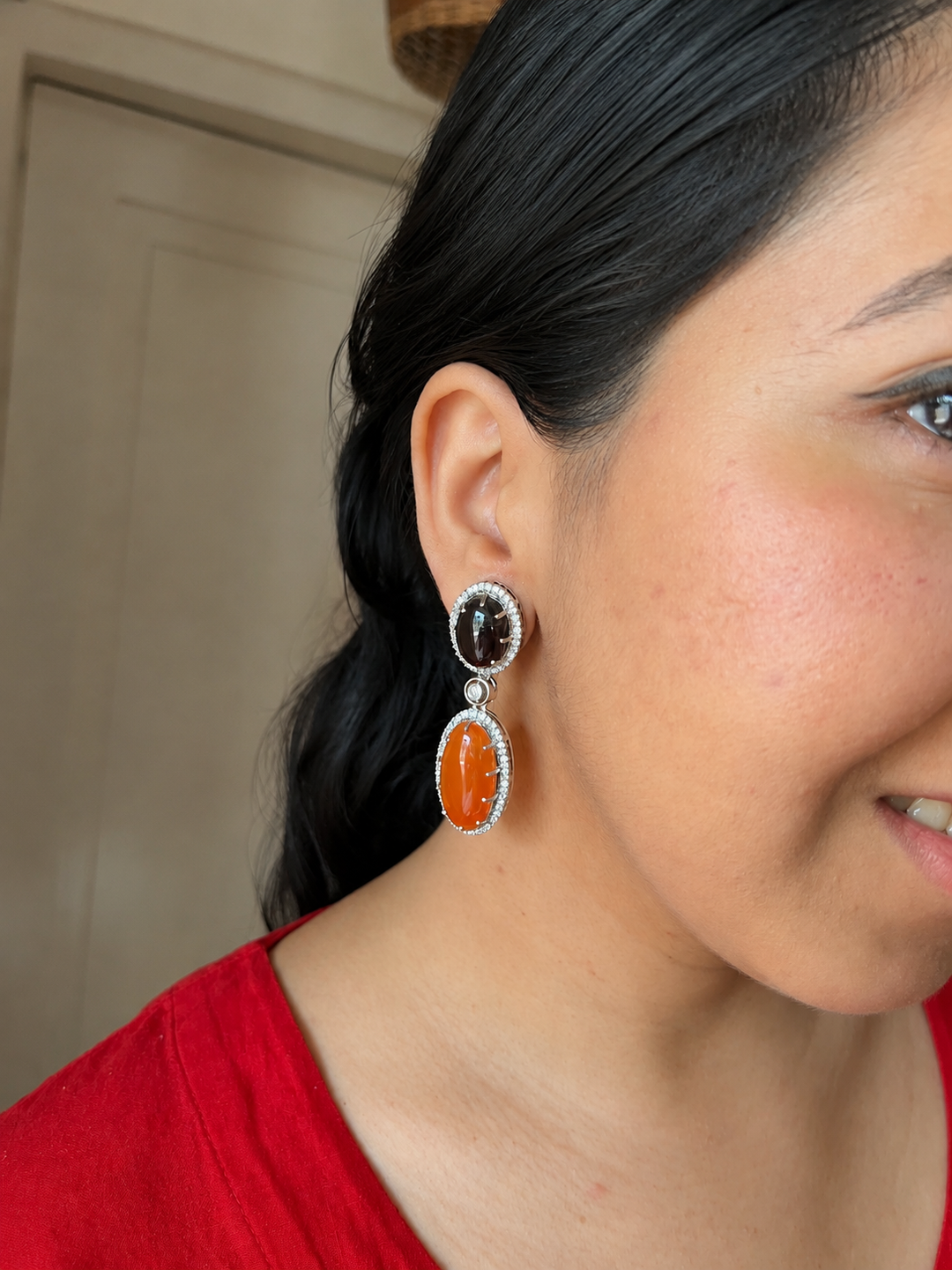 SHIVKA Designer Gemstone Earrings | Carnelian, Onyx & CZ | Silver Polish | Statement Jewelry