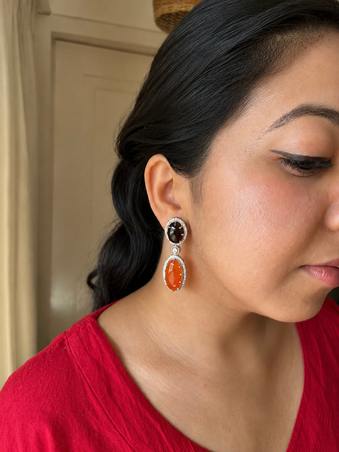 SHIVKA Designer Gemstone Earrings | Carnelian, Onyx & CZ | Silver Polish | Statement Jewelry