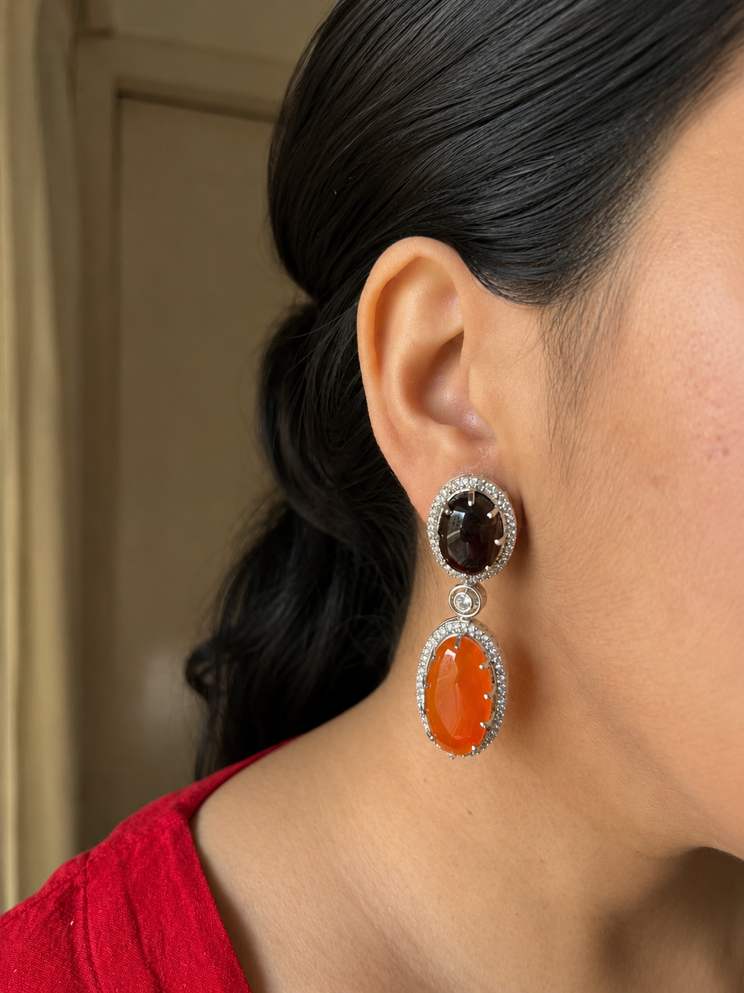 SHIVKA Designer Gemstone Earrings | Carnelian, Onyx & CZ | Silver Polish | Statement Jewelry