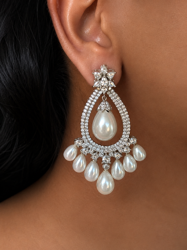 Pearl CZ Earrings | Rhodium Plated Bridal Statement Jewelry