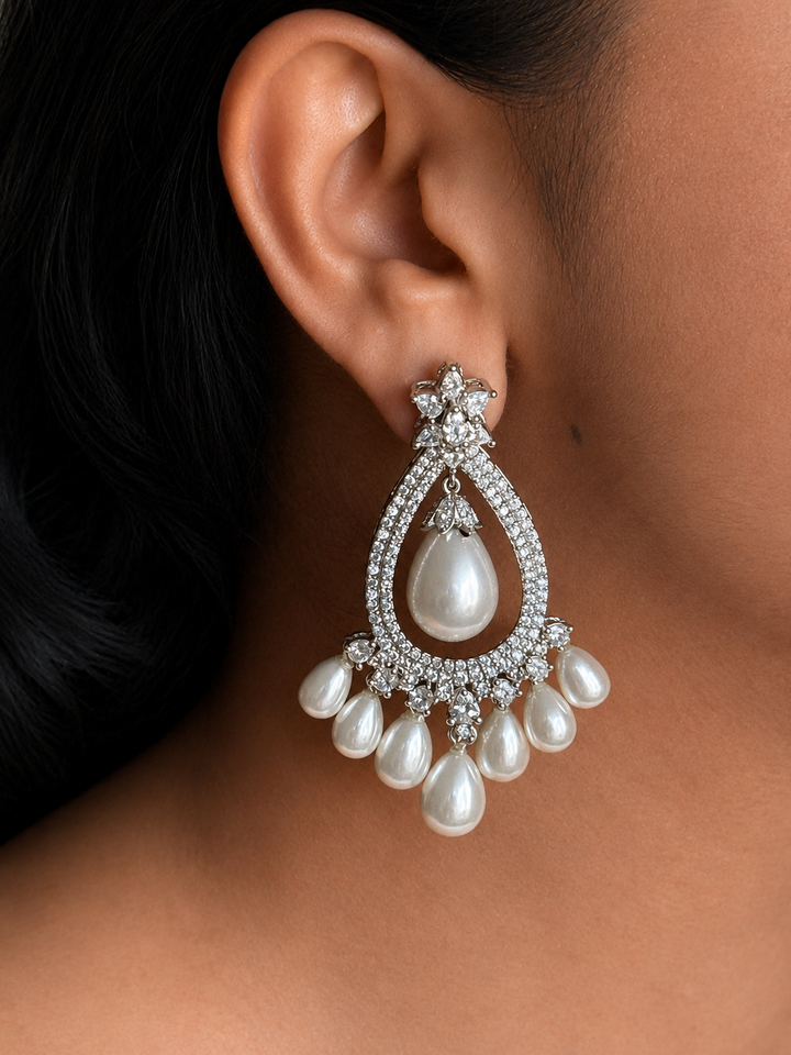 Pearl CZ Earrings | Rhodium Plated Bridal Statement Jewelry