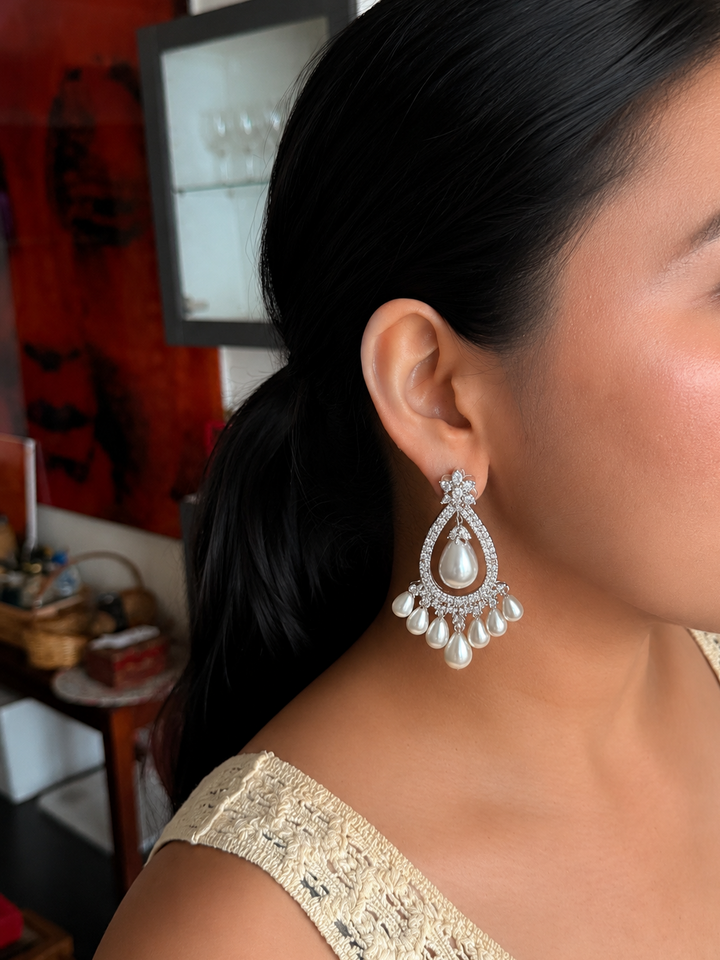 Pearl CZ Earrings | Rhodium Plated Bridal Statement Jewelry