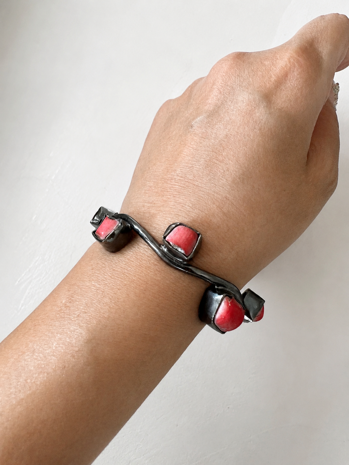 Stylish Rhodium Plated Coral Bangle | Brass & Coral Stone Statement Bracelet