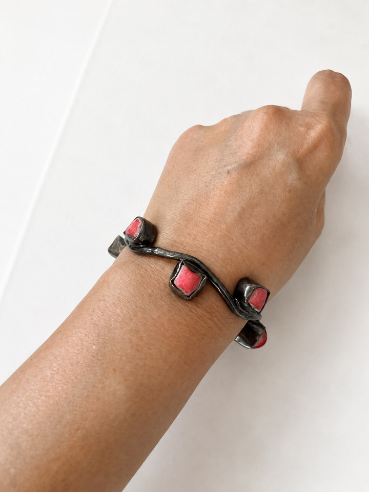 Stylish Rhodium Plated Coral Bangle | Brass & Coral Stone Statement Bracelet