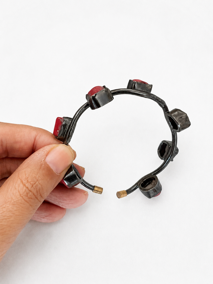 Stylish Rhodium Plated Coral Bangle | Brass & Coral Stone Statement Bracelet