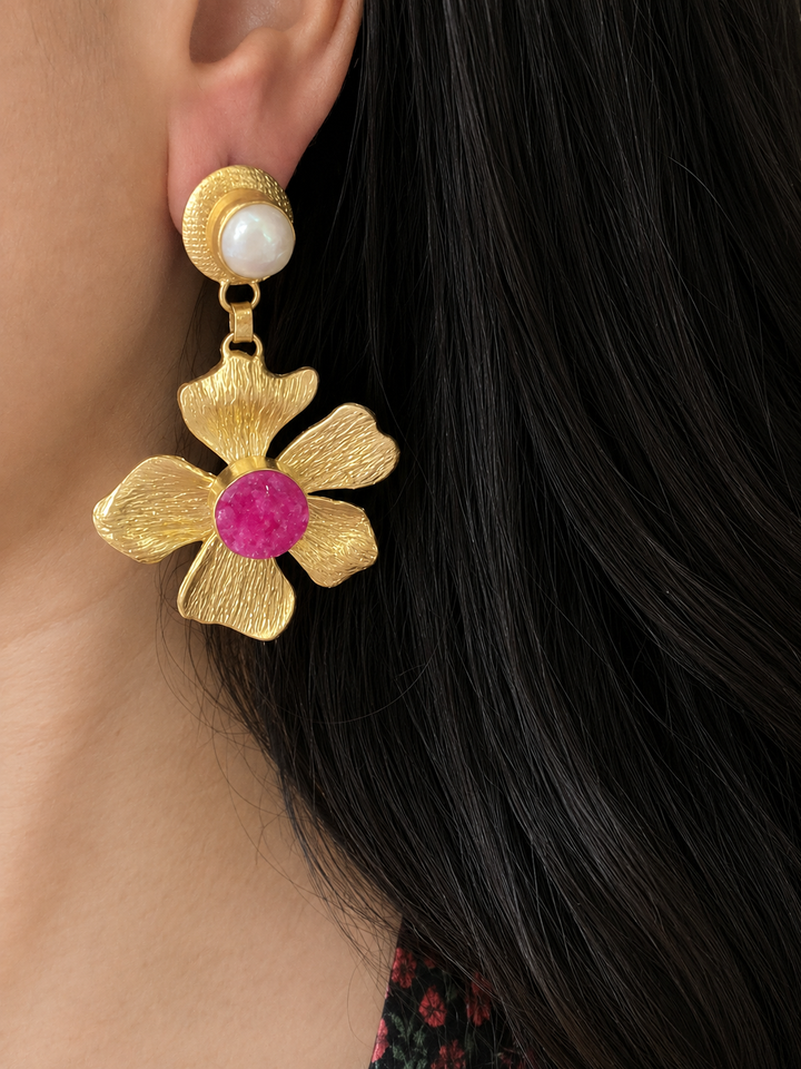 Druzy Stone Pearl Textured Flower Earrings