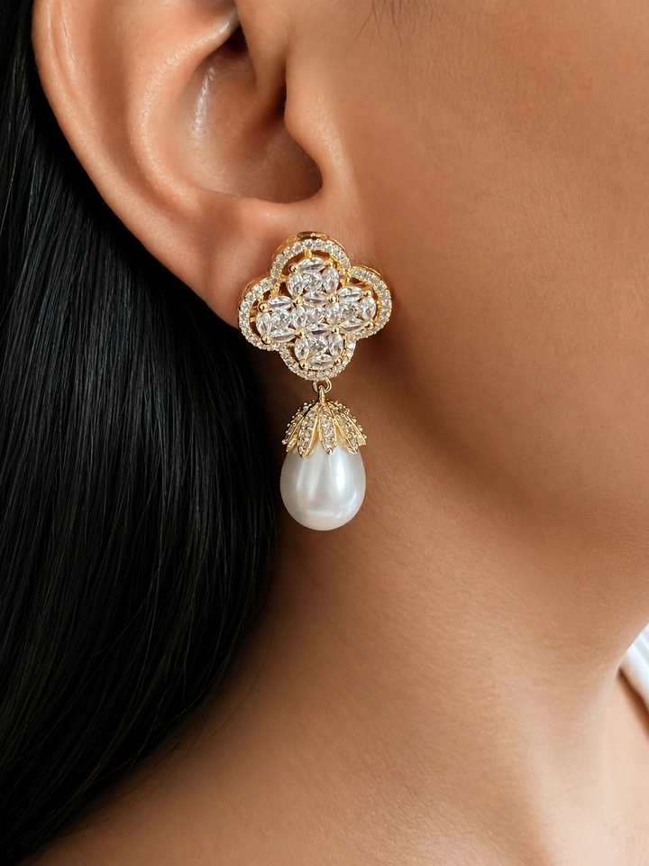 Gold Plated Brass Pearl Drop Earrings – CZ Stones, Statement Jewelry