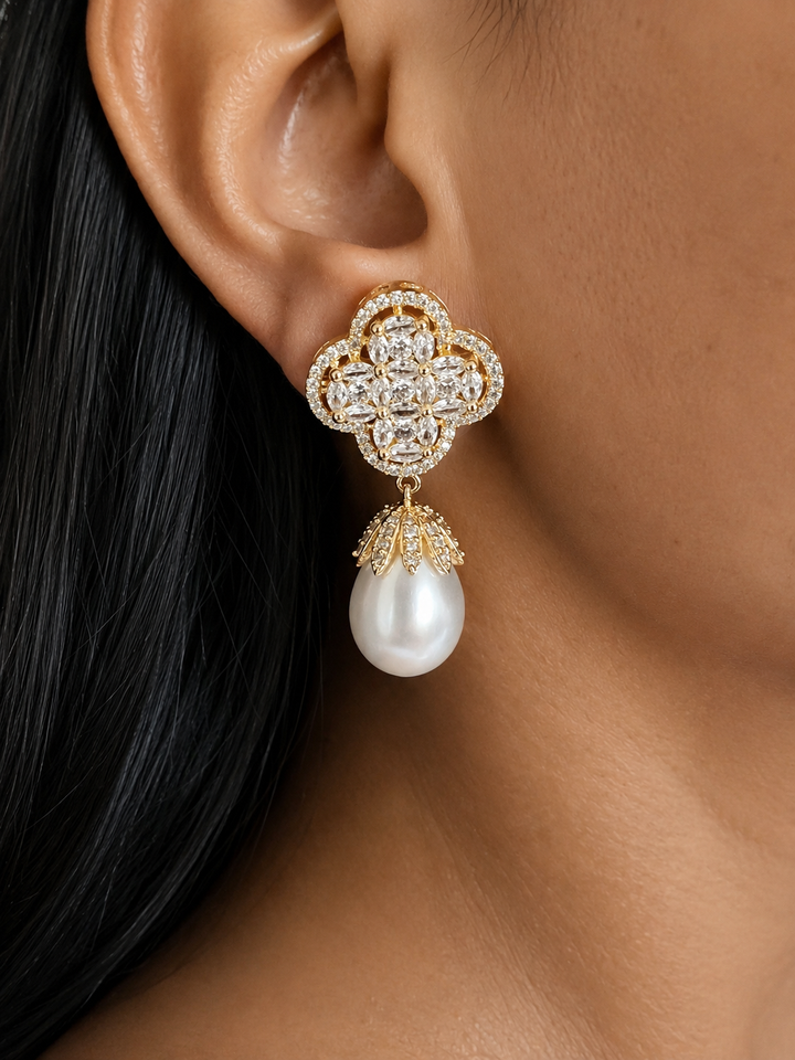 Gold Plated Brass Pearl Drop Earrings – CZ Stones, Statement Jewelry