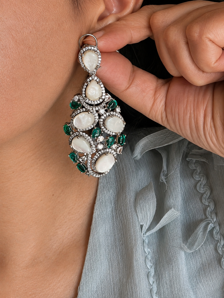 Faux Diamond Stone Dangle Earrings - Silver Plated Statement Jewelry