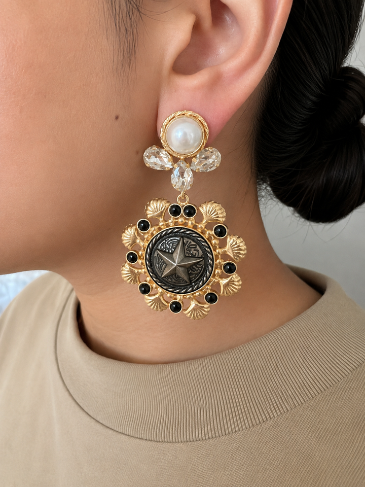 Black Statement Earrings with Pearl & Crystal, Gold Plated Dangle Earrings