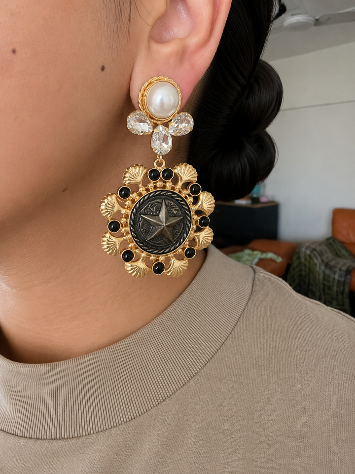 Black Statement Earrings with Pearl & Crystal, Gold Plated Dangle Earrings