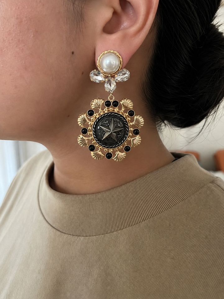 Black Statement Earrings with Pearl & Crystal, Gold Plated Dangle Earrings