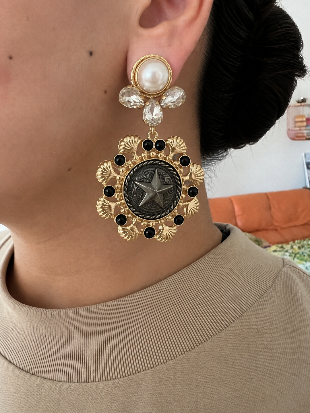 Black Statement Earrings with Pearl & Crystal, Gold Plated Dangle Earrings