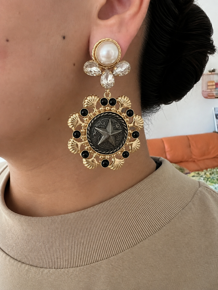 Black Statement Earrings with Pearl & Crystal, Gold Plated Dangle Earrings