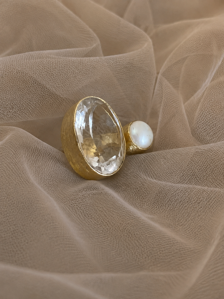 Quartz Crystal & Pearl Designer Ring | US Size 7 | Gold-Plated Statement Ring by SHIVKA