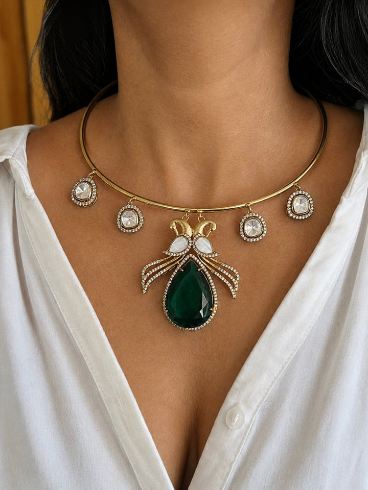 Green Quartz Teardrop Hasli Necklace Set, CZ Pave Peacock Motif Collar Choker Set