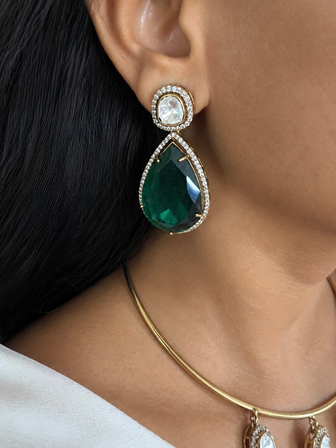 Green Quartz Teardrop Hasli Necklace Set, CZ Pave Peacock Motif Collar Choker Set