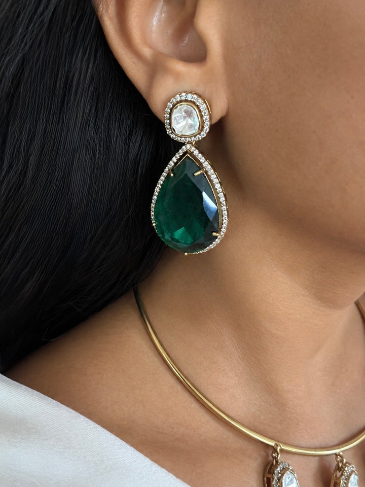 Green Quartz Teardrop Hasli Necklace Set, CZ Pave Peacock Motif Collar Choker Set