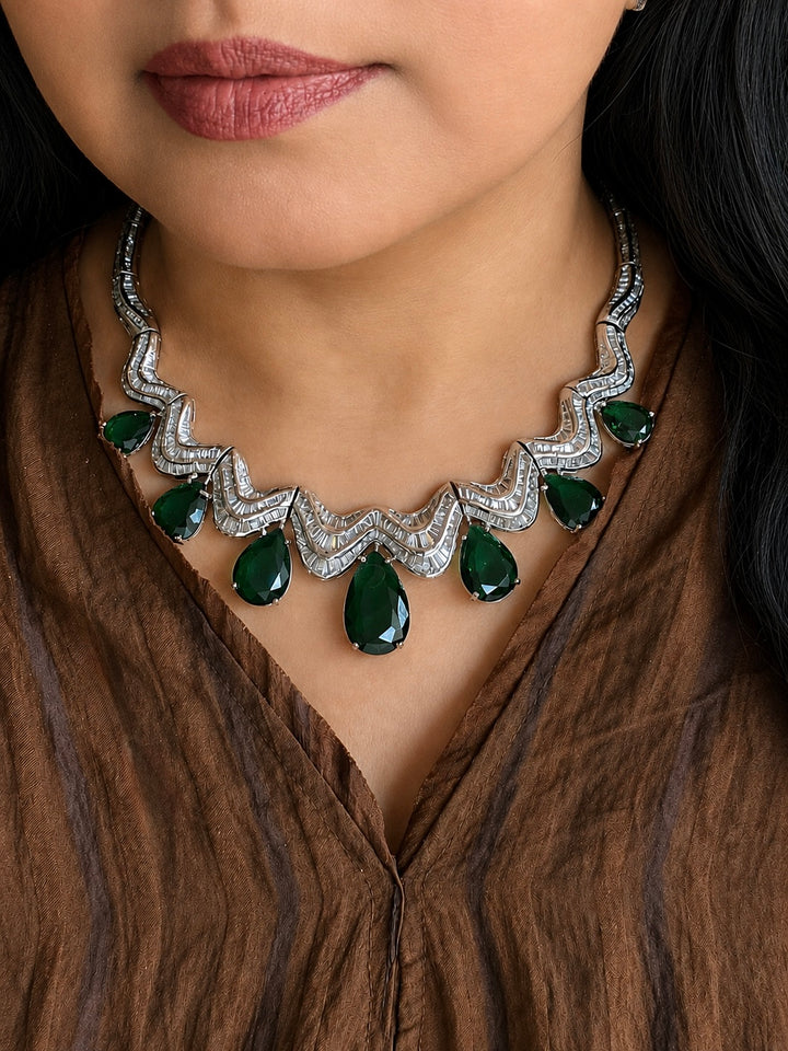 Emerald Green Teardrop Wave Collar Necklace Set with Earrings