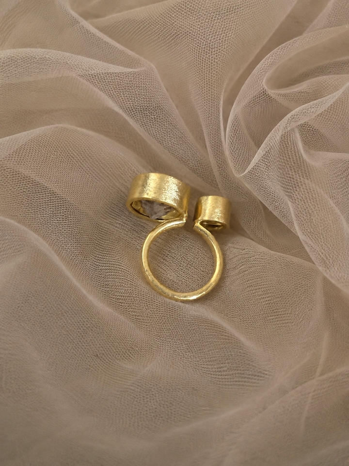 Quartz Crystal & Pearl Designer Ring | US Size 7 | Gold-Plated Statement Ring by SHIVKA